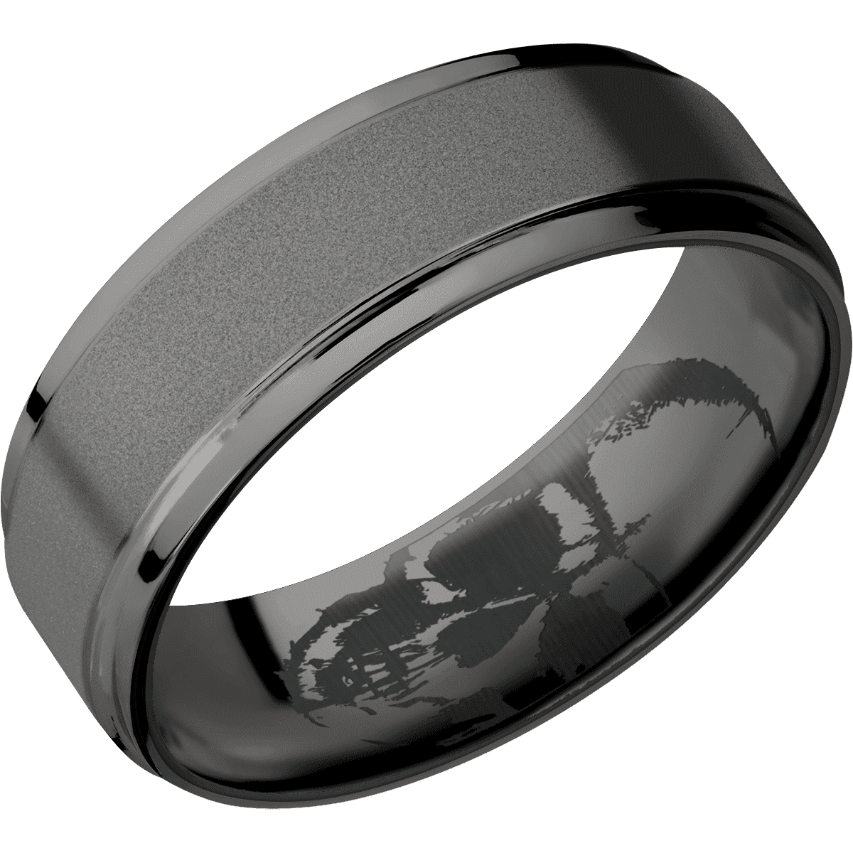Tantalum Noir + Sand Polish Finish + Zirconium - 7 mm wide Flat Grooved Edges Tantalum Noir band featuring a Zirconium