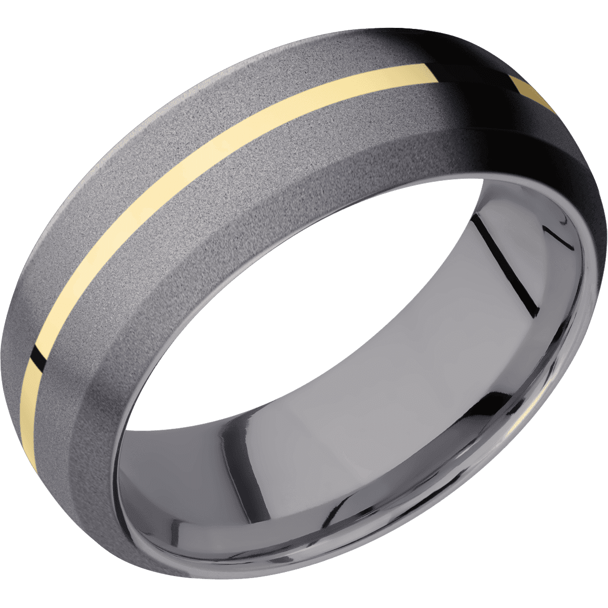 Tantalum + Sand Sand Finish - 8 mm wide/Domed Bevel/Tantalum band with one 1 mm Centered inlay of 14K Yellow Gold.