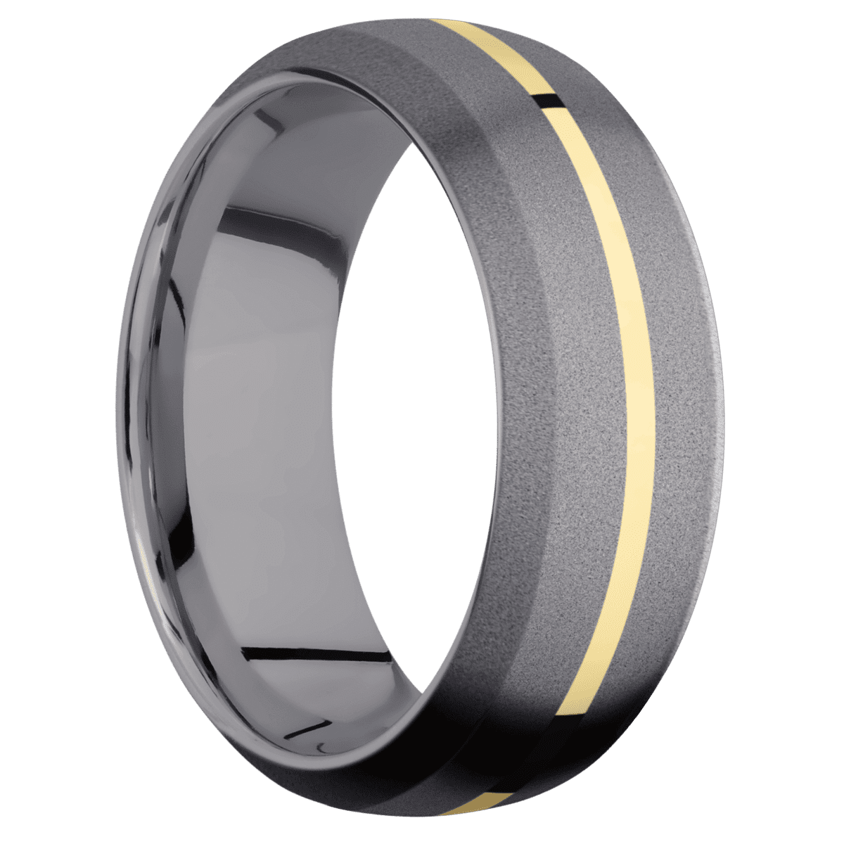 Tantalum + Sand Sand Finish - 8 mm wide/Domed Bevel/Tantalum band with one 1 mm Centered inlay of 14K Yellow Gold.