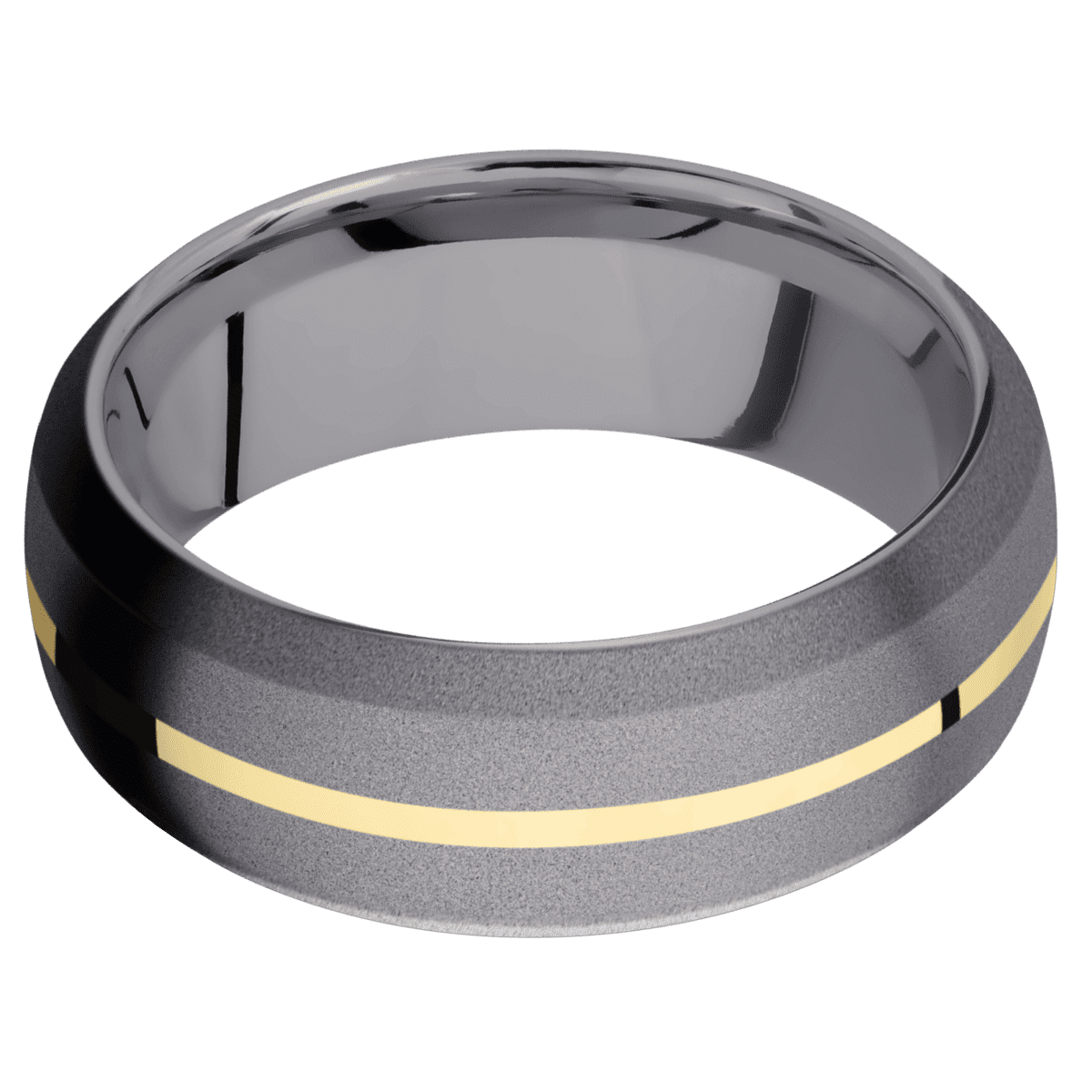 Tantalum + Sand Sand Finish - 8 mm wide/Domed Bevel/Tantalum band with one 1 mm Centered inlay of 14K Yellow Gold.