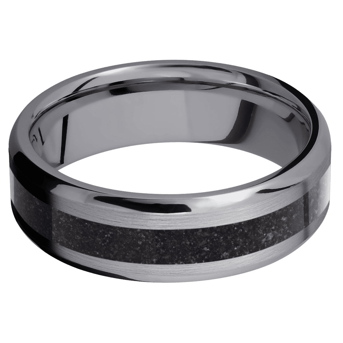 Tantalum + Satin Polish Finish - 7 mm wide/Beveled/Tantalum band with one 3 mm Centered inlay of Dinosaur Bone Black.
