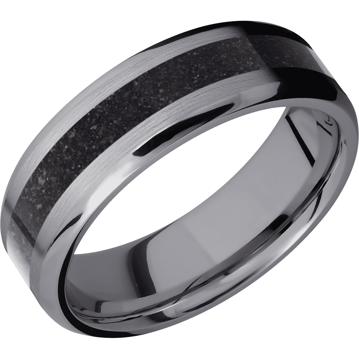 Tantalum + Satin Polish Finish - 7 mm wide/Beveled/Tantalum band with one 3 mm Centered inlay of Dinosaur Bone Black.