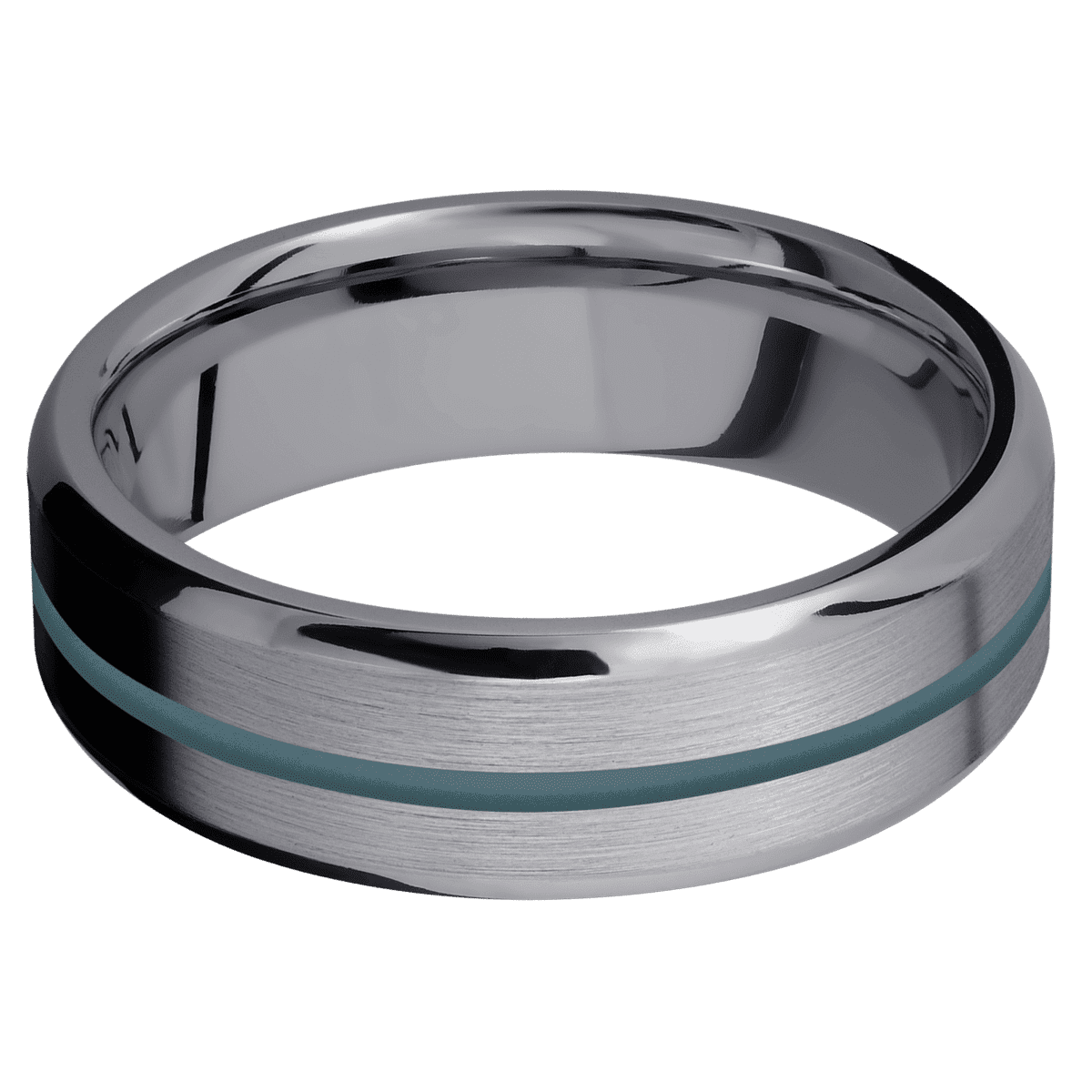 Tantalum + Satin Polish Finish - 7 mm wide/Beveled/Tantalum band with one 1 mm Centered inlay of Stone Blue. - Custom