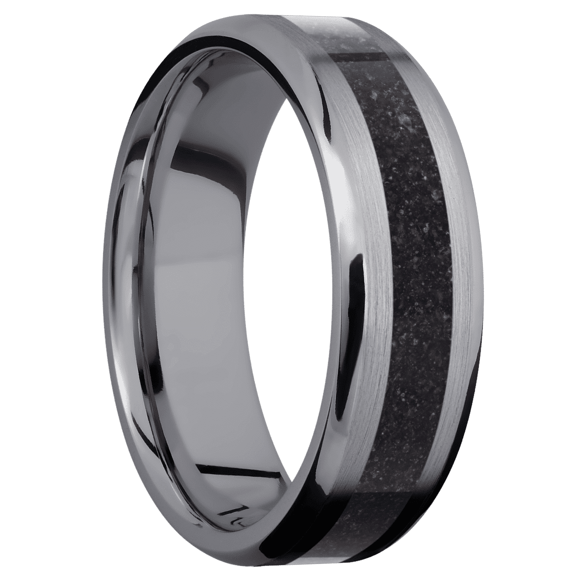 Tantalum + Satin Polish Finish - 7 mm wide/Beveled/Tantalum band with one 3 mm Centered inlay of Dinosaur Bone Black.