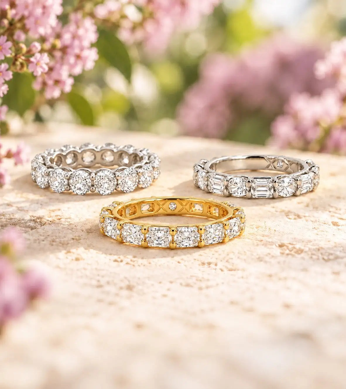 Ladies diamond eternity wedding bands in white and yellow gold - diamondboi