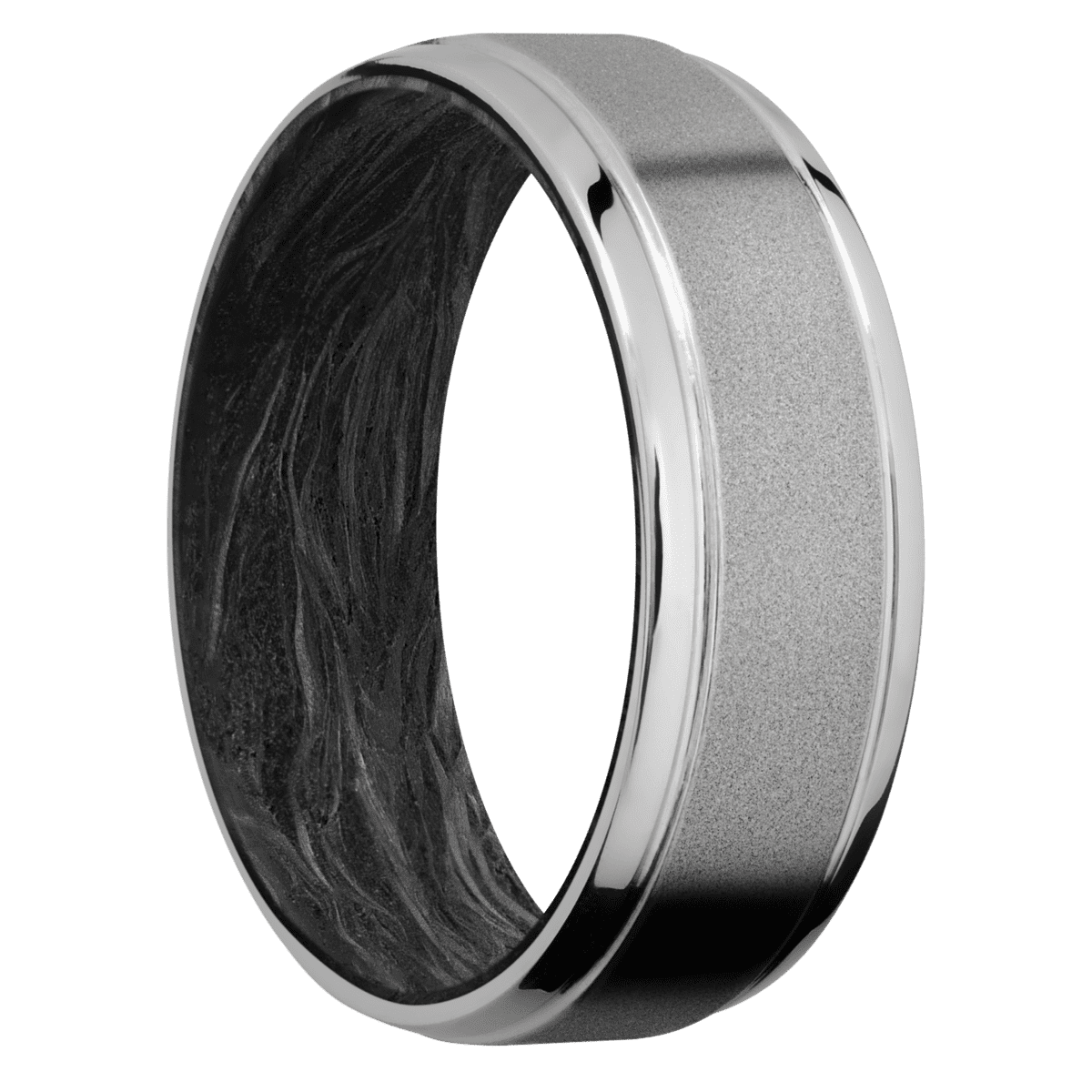 Titanium + Sand Polish Finish + Forged Carbon Fiber - 7 mm wide Stepped Bevel Titanium band featuring a Forged Carbon
