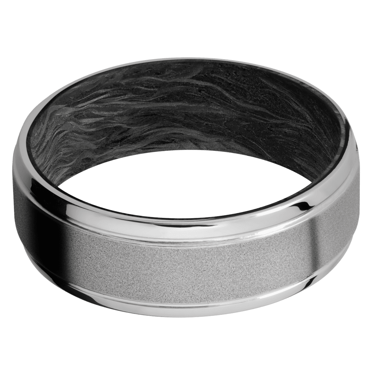 Titanium + Sand Polish Finish + Forged Carbon Fiber - 7 mm wide Stepped Bevel Titanium band featuring a Forged Carbon
