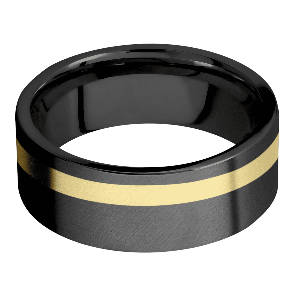 Zirconium + Anglesatin Anglesatin Finish - 8 mm wide/Flat/Zirconium band with one 2 mm Off Center inlay of 14K Yellow