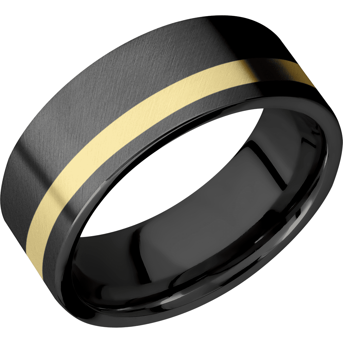 Zirconium + Anglesatin Anglesatin Finish - 8 mm wide/Flat/Zirconium band with one 2 mm Off Center inlay of 14K Yellow