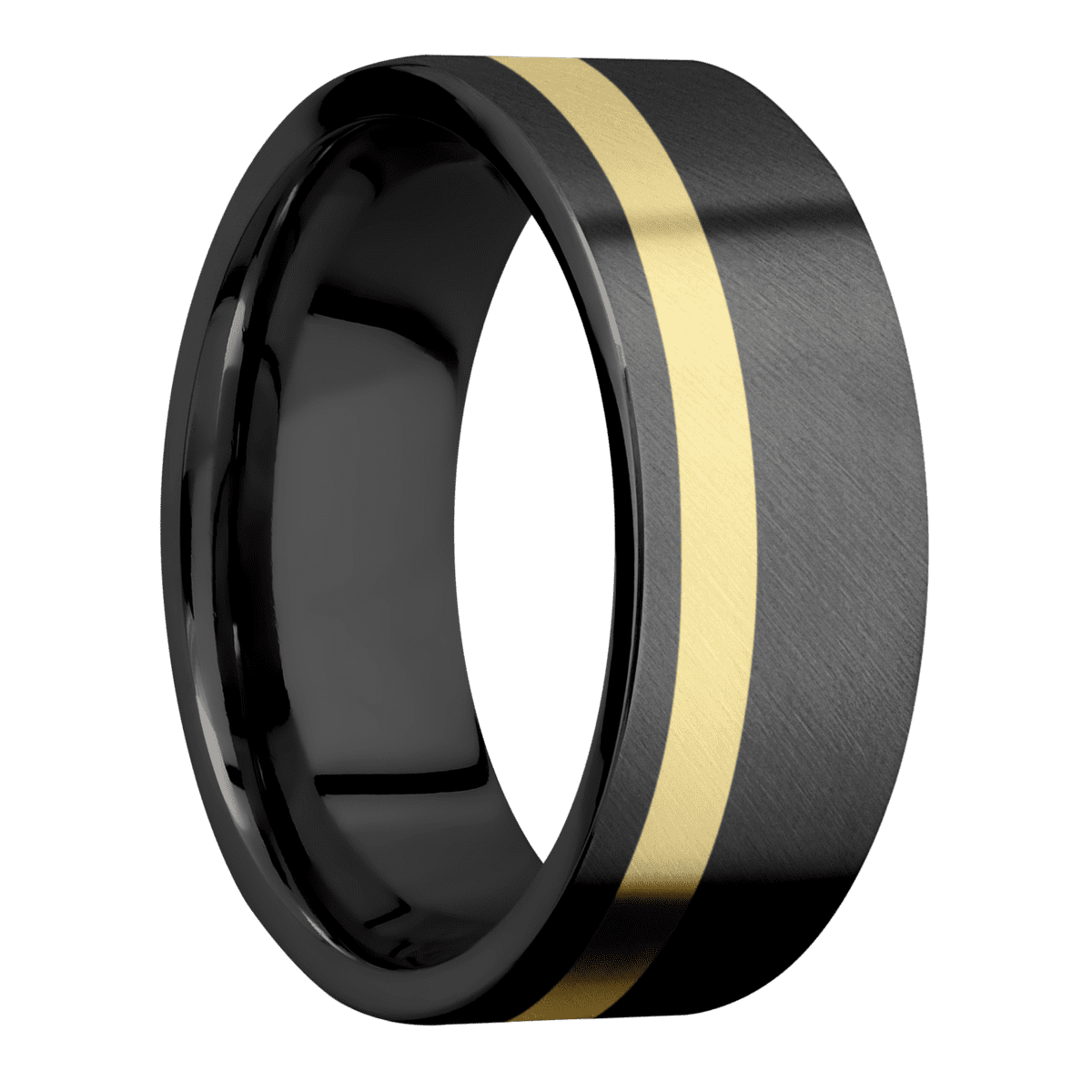 Zirconium + Anglesatin Anglesatin Finish - 8 mm wide/Flat/Zirconium band with one 2 mm Off Center inlay of 14K Yellow