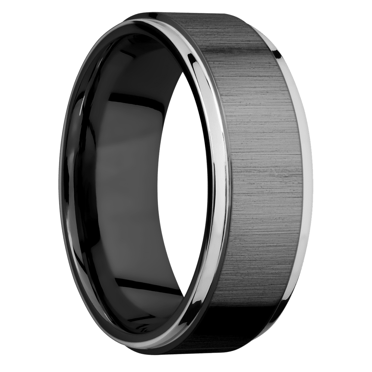 Zirconium + Crosssatinblack Polish Finish - 8 mm wide/Flat Grooved Edges/Zirconium band with two 1 mm Edge inlays