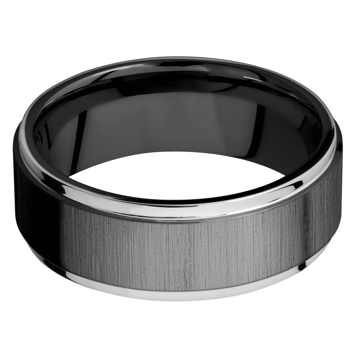 Zirconium + Crosssatinblack Polish Finish - 8 mm wide/Flat Grooved Edges/Zirconium band with two 1 mm Edge inlays