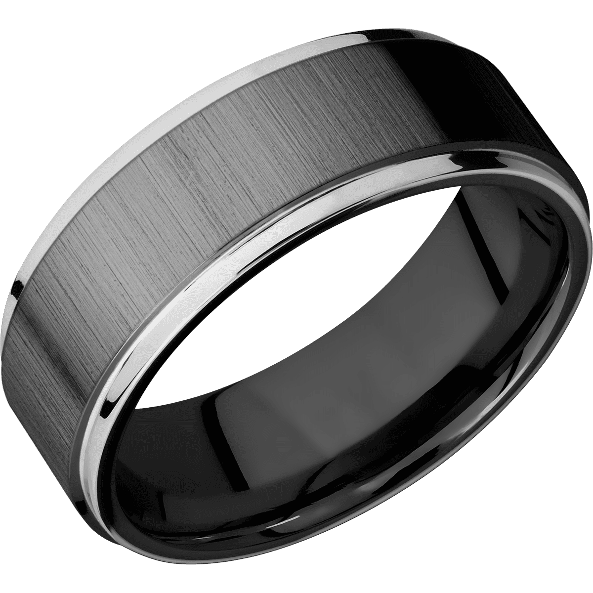 Zirconium + Crosssatinblack Polish Finish - 8 mm wide/Flat Grooved Edges/Zirconium band with two 1 mm Edge inlays
