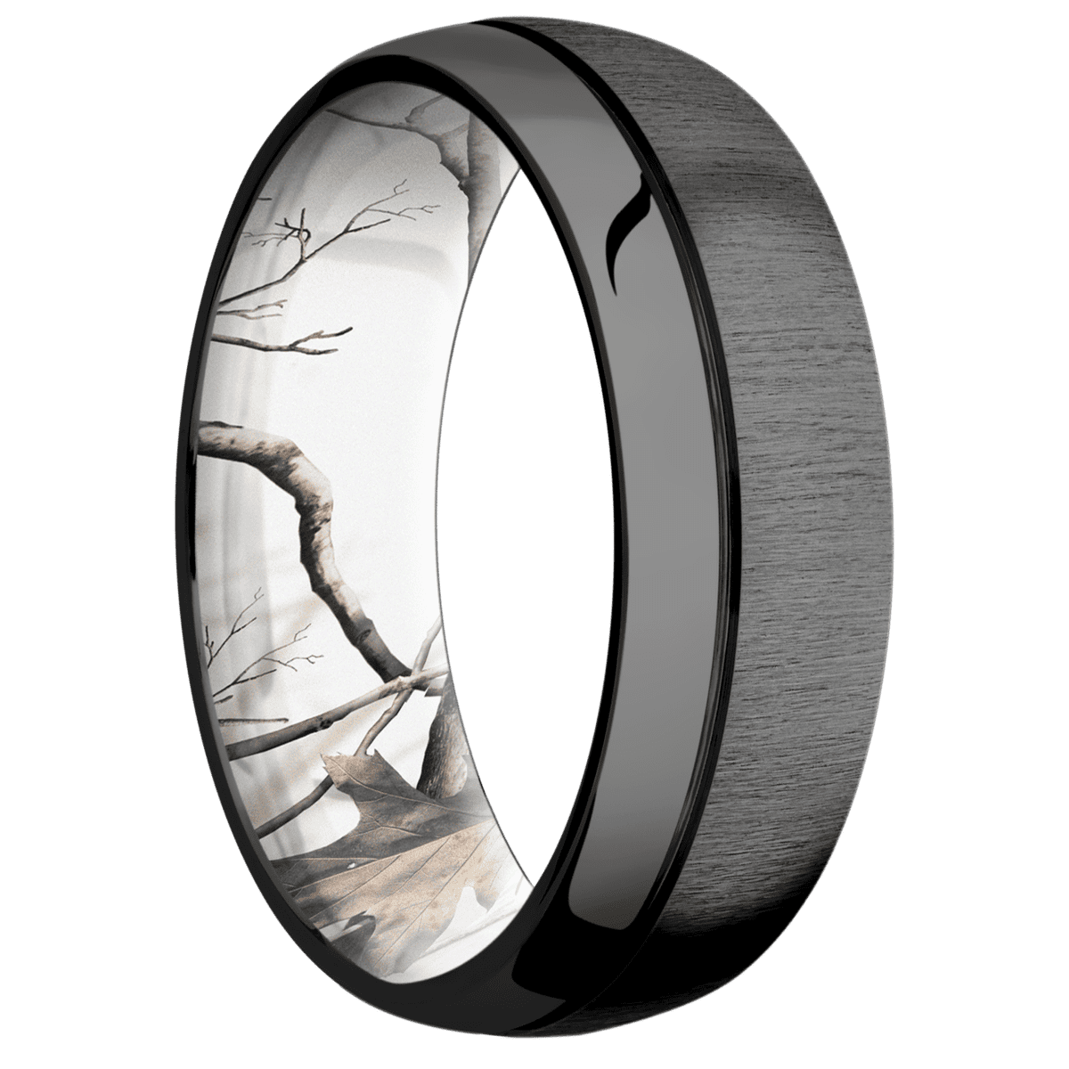 Zirconium + Crosssatinblack Polish Finish + RealTree APC Snow - 7 mm wide Domed with Off Center Accent Groove Zirconium