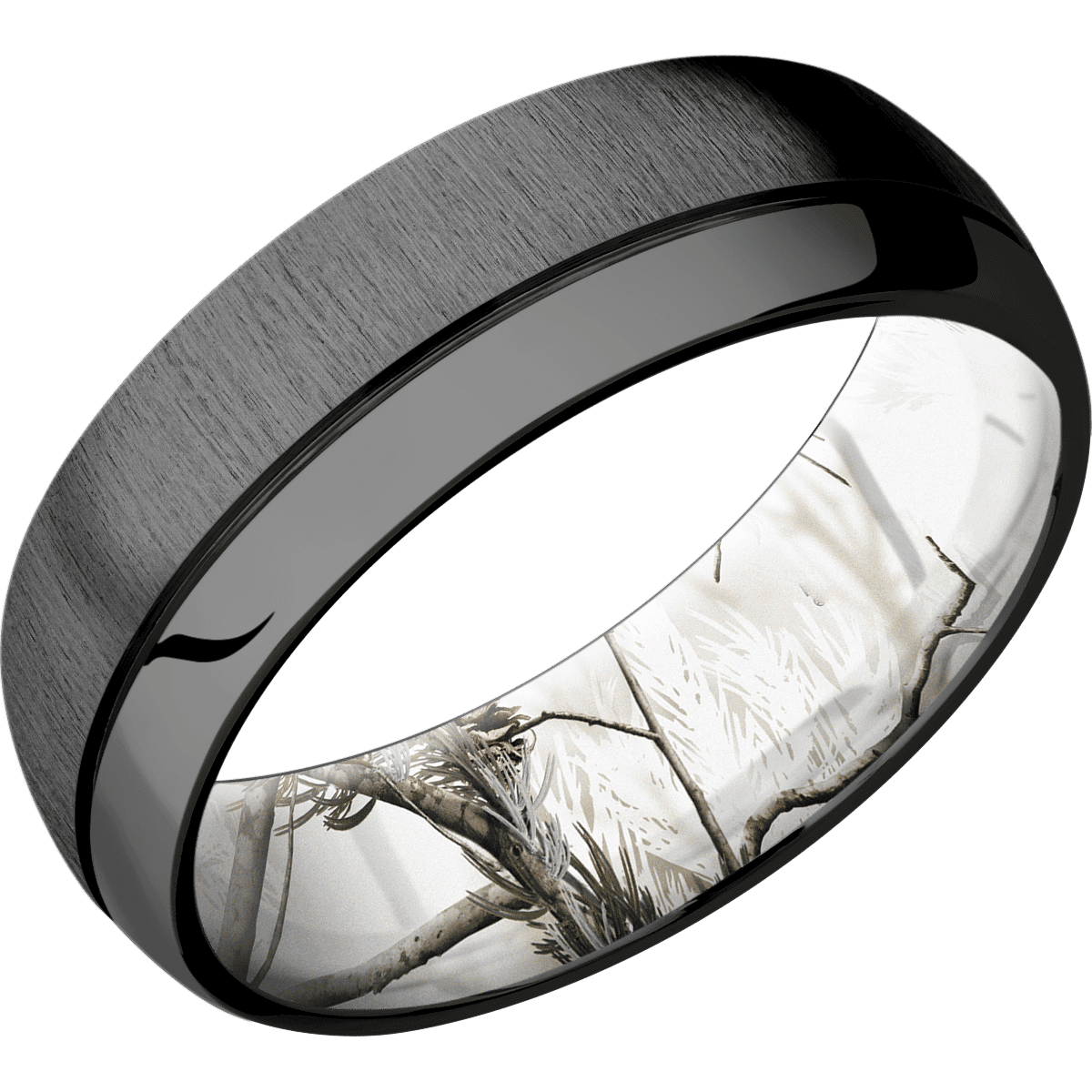 Zirconium + Crosssatinblack Polish Finish + RealTree APC Snow - 7 mm wide Domed with Off Center Accent Groove Zirconium