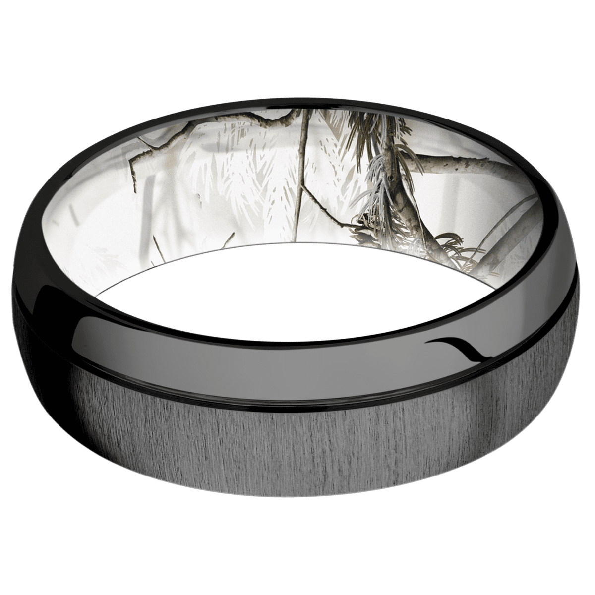 Zirconium + Crosssatinblack Polish Finish + RealTree APC Snow - 7 mm wide Domed with Off Center Accent Groove Zirconium
