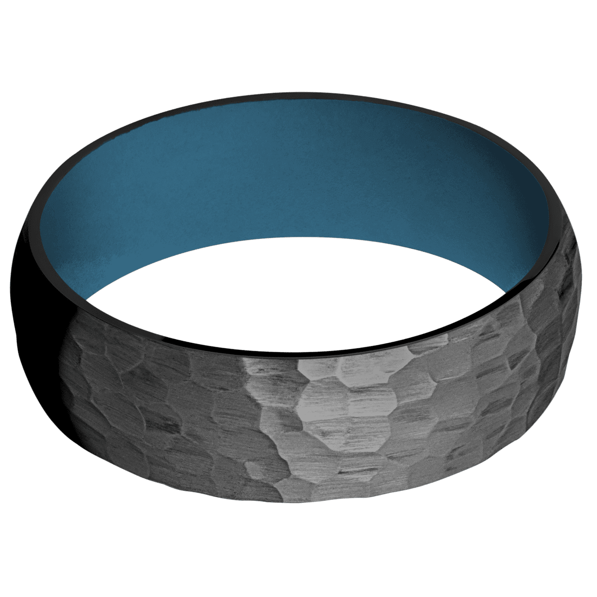 Zirconium + Hammer Finish + Royal Blue - 7 mm wide Domed Zirconium band featuring a Royal Blue Cerakote sleeve. - Custom