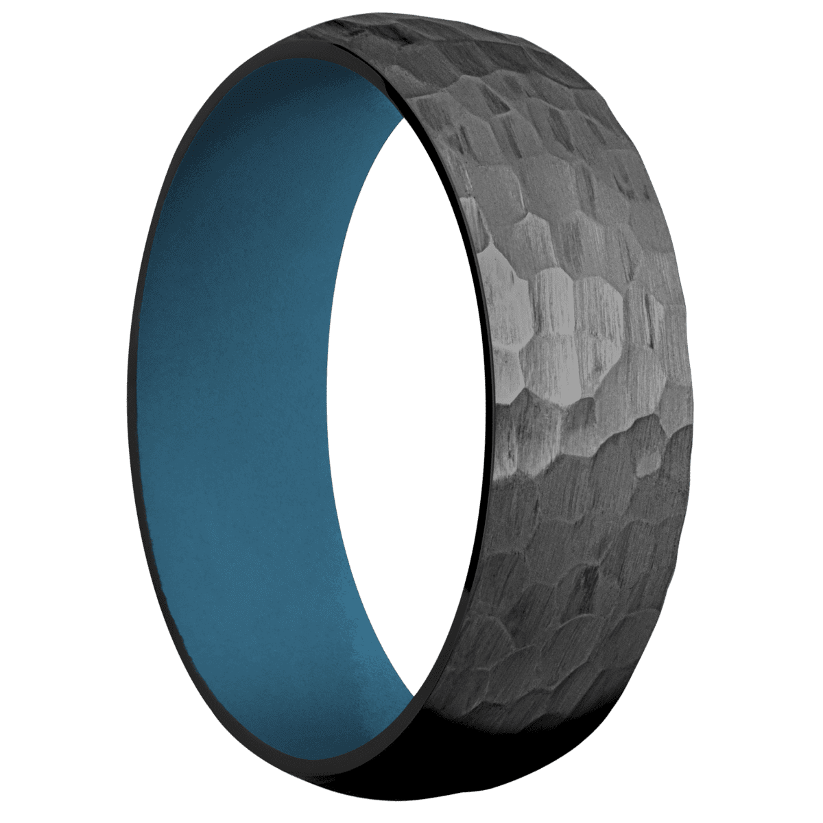 Zirconium + Hammer Finish + Royal Blue - 7 mm wide Domed Zirconium band featuring a Royal Blue Cerakote sleeve. - Custom