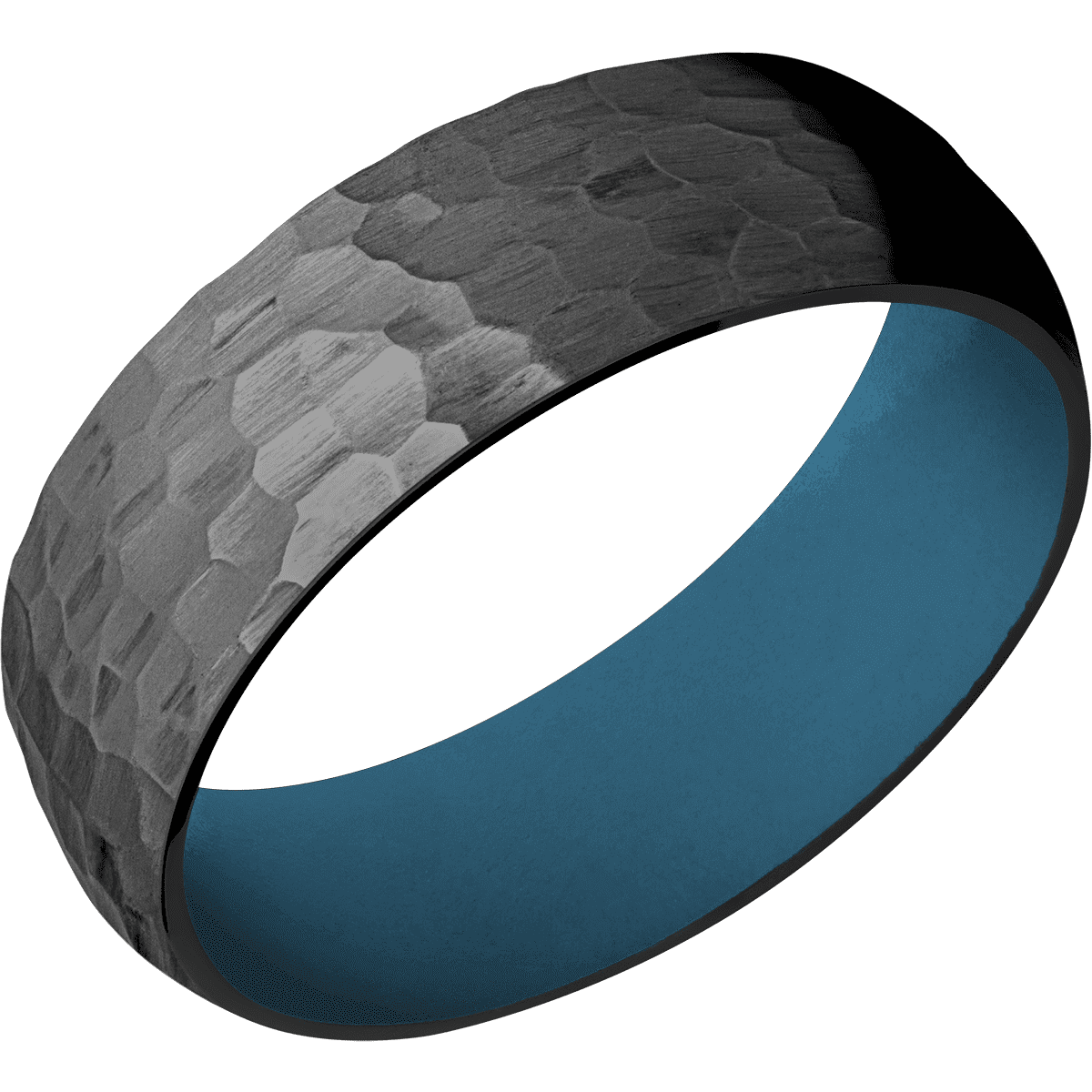 Zirconium + Hammer Finish + Royal Blue - 7 mm wide Domed Zirconium band featuring a Royal Blue Cerakote sleeve. - Custom