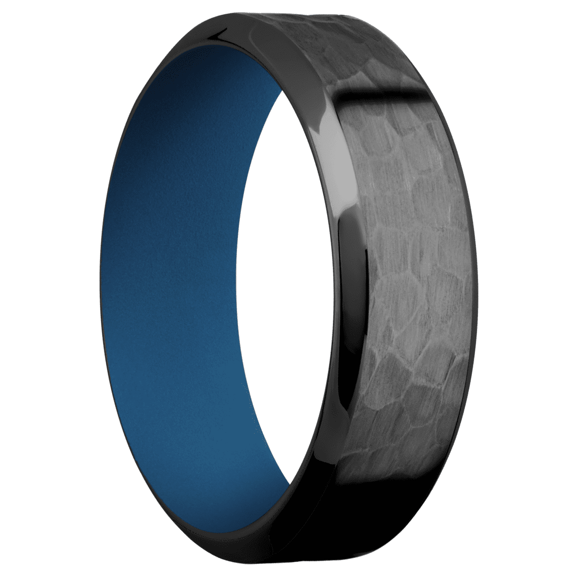 Zirconium + Hammer Polish Finish + Ridgeway Blue - 7 mm wide High Bevel Zirconium band featuring a Ridgeway Blue