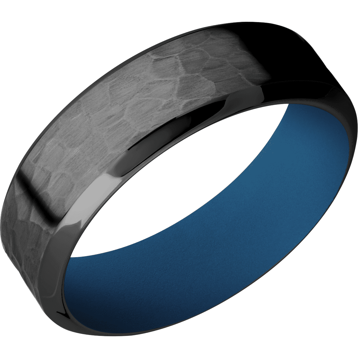 Zirconium + Hammer Polish Finish + Ridgeway Blue - 7 mm wide High Bevel Zirconium band featuring a Ridgeway Blue