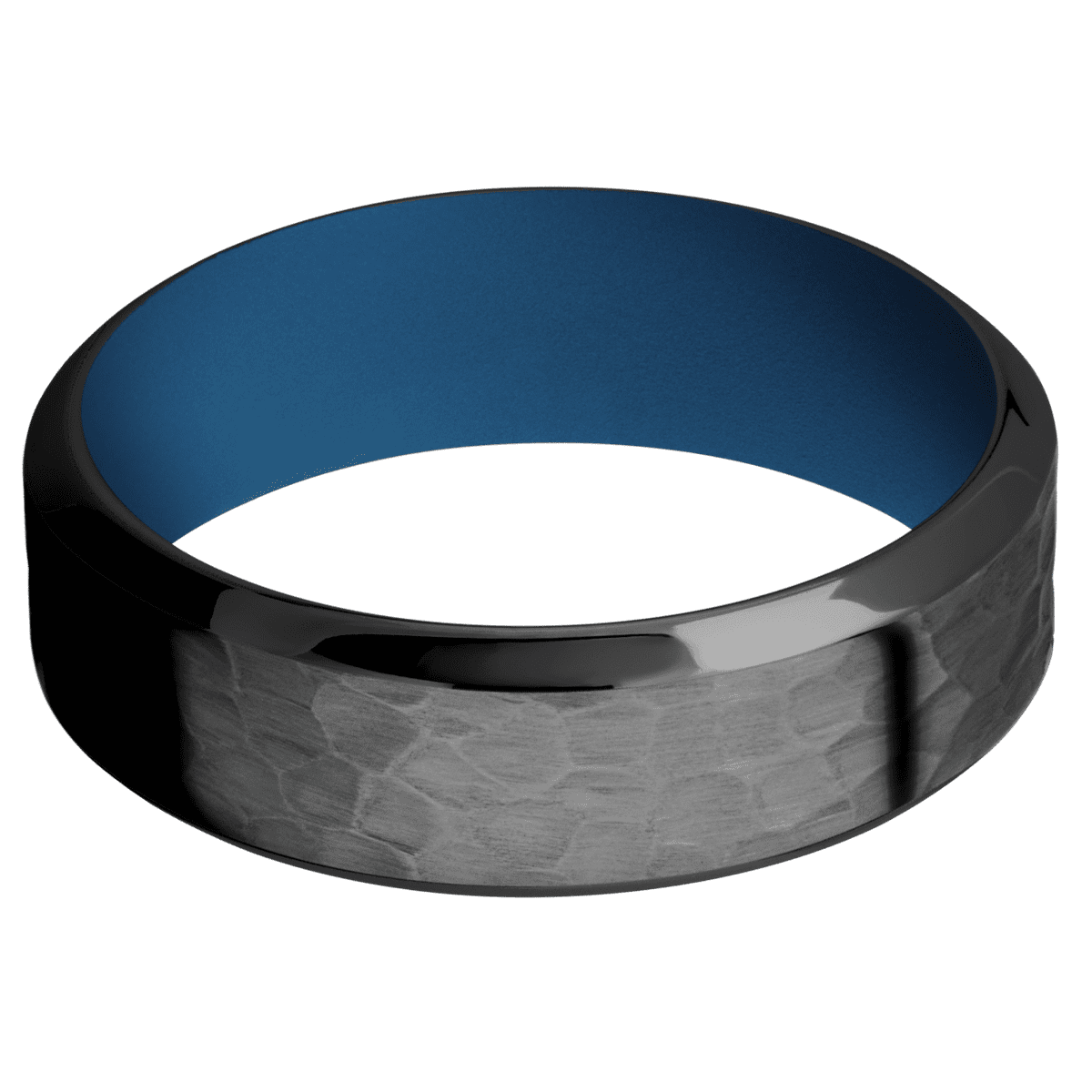 Zirconium + Hammer Polish Finish + Ridgeway Blue - 7 mm wide High Bevel Zirconium band featuring a Ridgeway Blue