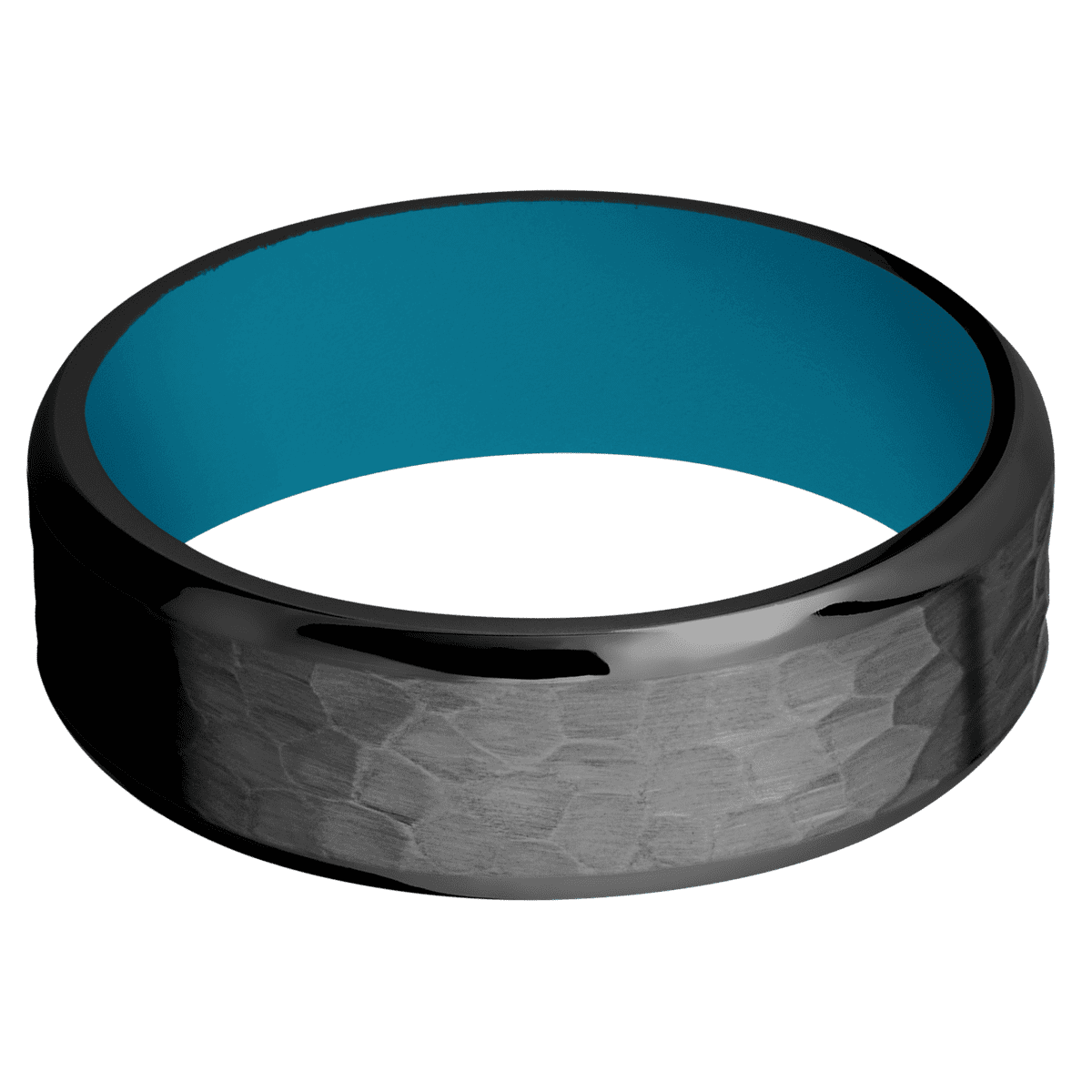 Zirconium + Hammer Polish Finish + Sea Blue - 7 mm wide Beveled Zirconium band featuring a Sea Blue Cerakote sleeve.