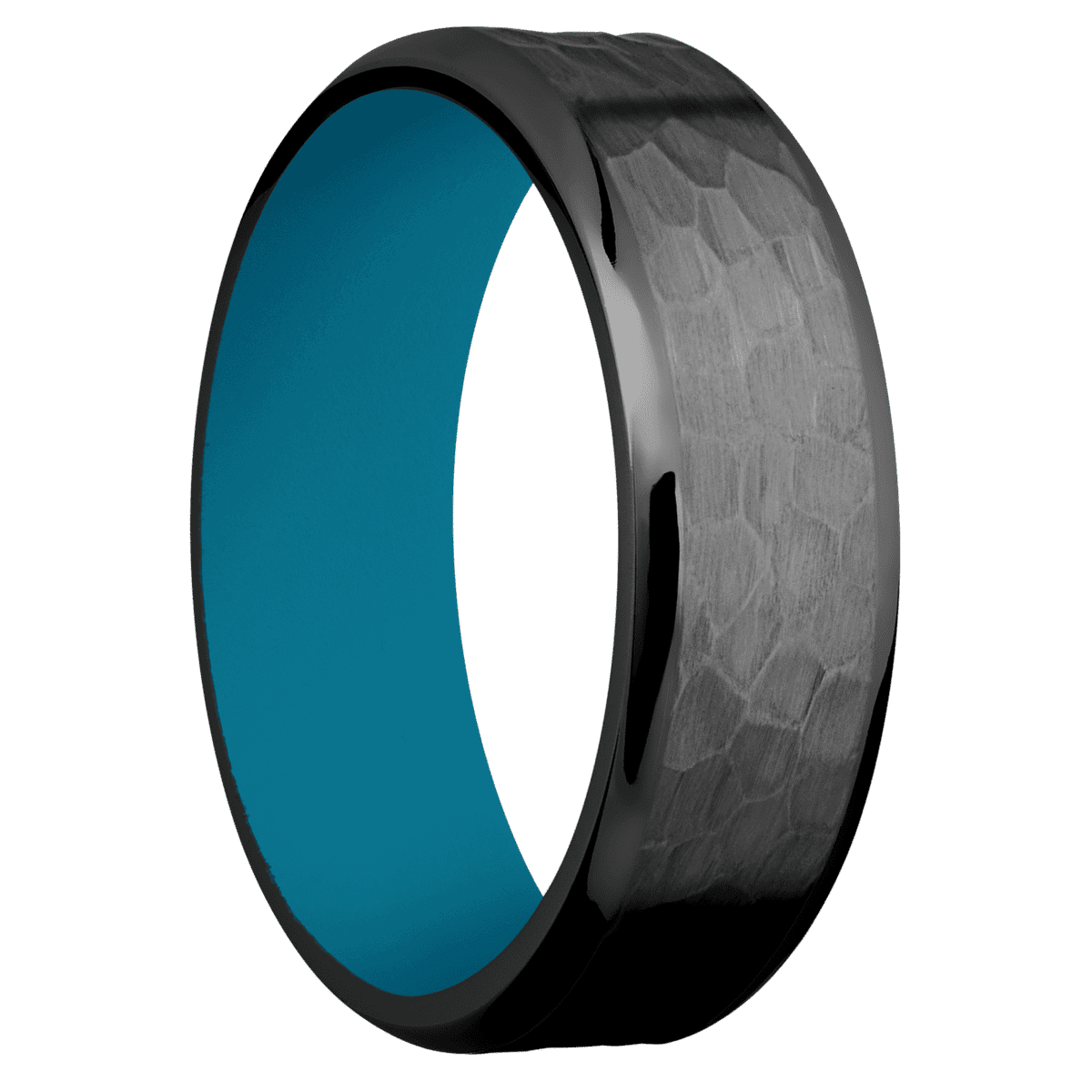 Zirconium + Hammer Polish Finish + Sea Blue - 7 mm wide Beveled Zirconium band featuring a Sea Blue Cerakote sleeve.
