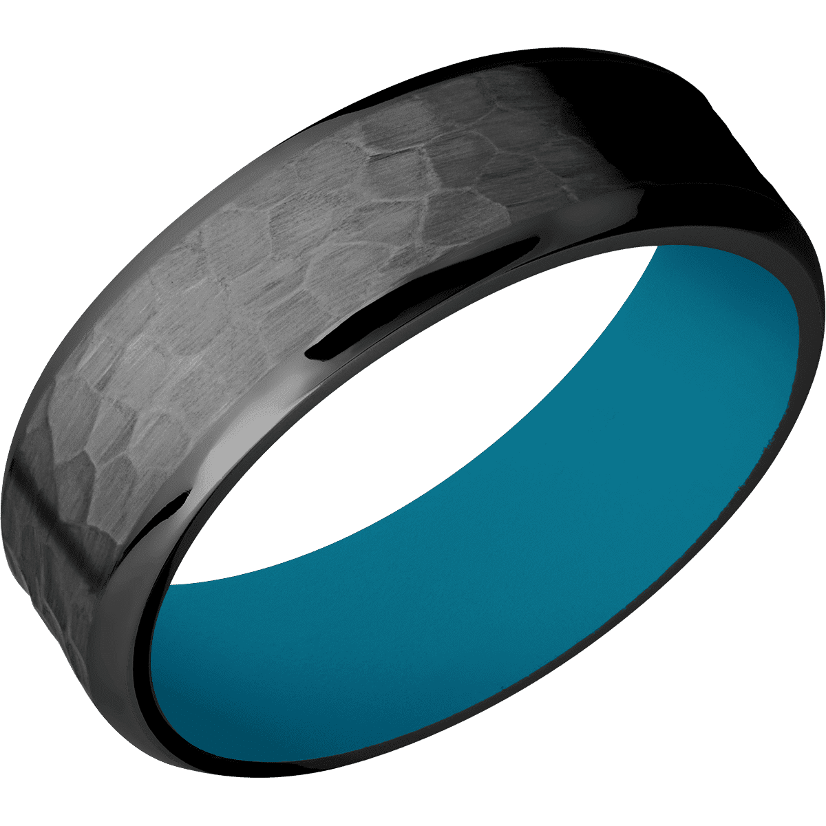 Zirconium + Hammer Polish Finish + Sea Blue - 7 mm wide Beveled Zirconium band featuring a Sea Blue Cerakote sleeve.