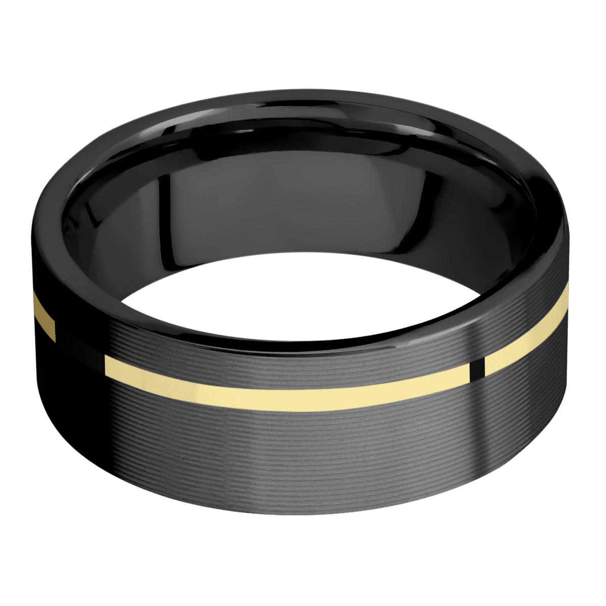 Zirconium + Machine Machine Finish - 8 mm wide/Flat/Zirconium band with one 1 mm Off Center inlay of 14K Yellow Gold.