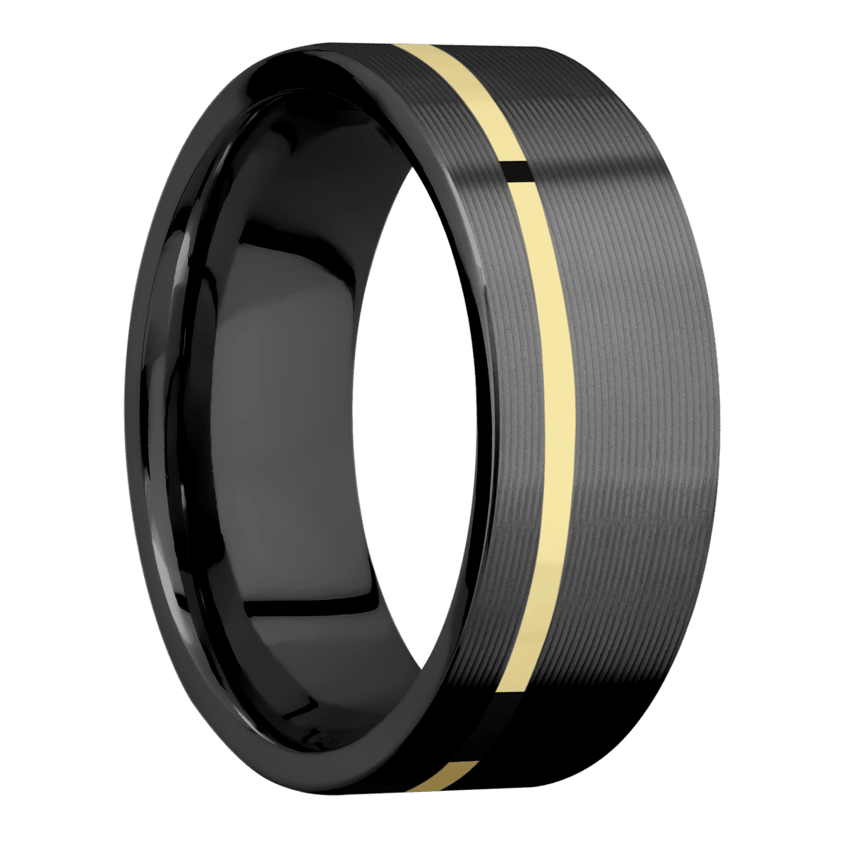 Zirconium + Machine Machine Finish - 8 mm wide/Flat/Zirconium band with one 1 mm Off Center inlay of 14K Yellow Gold.