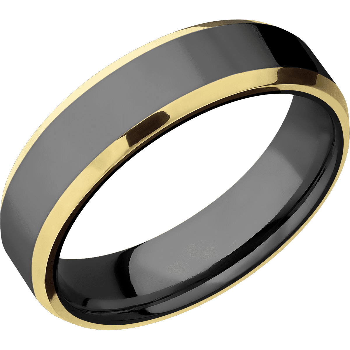Zirconium + Polish Polish Finish - 6 mm wide/Beveled/Zirconium band with two 1 mm Edge inlays of 14K Yellow Gold.