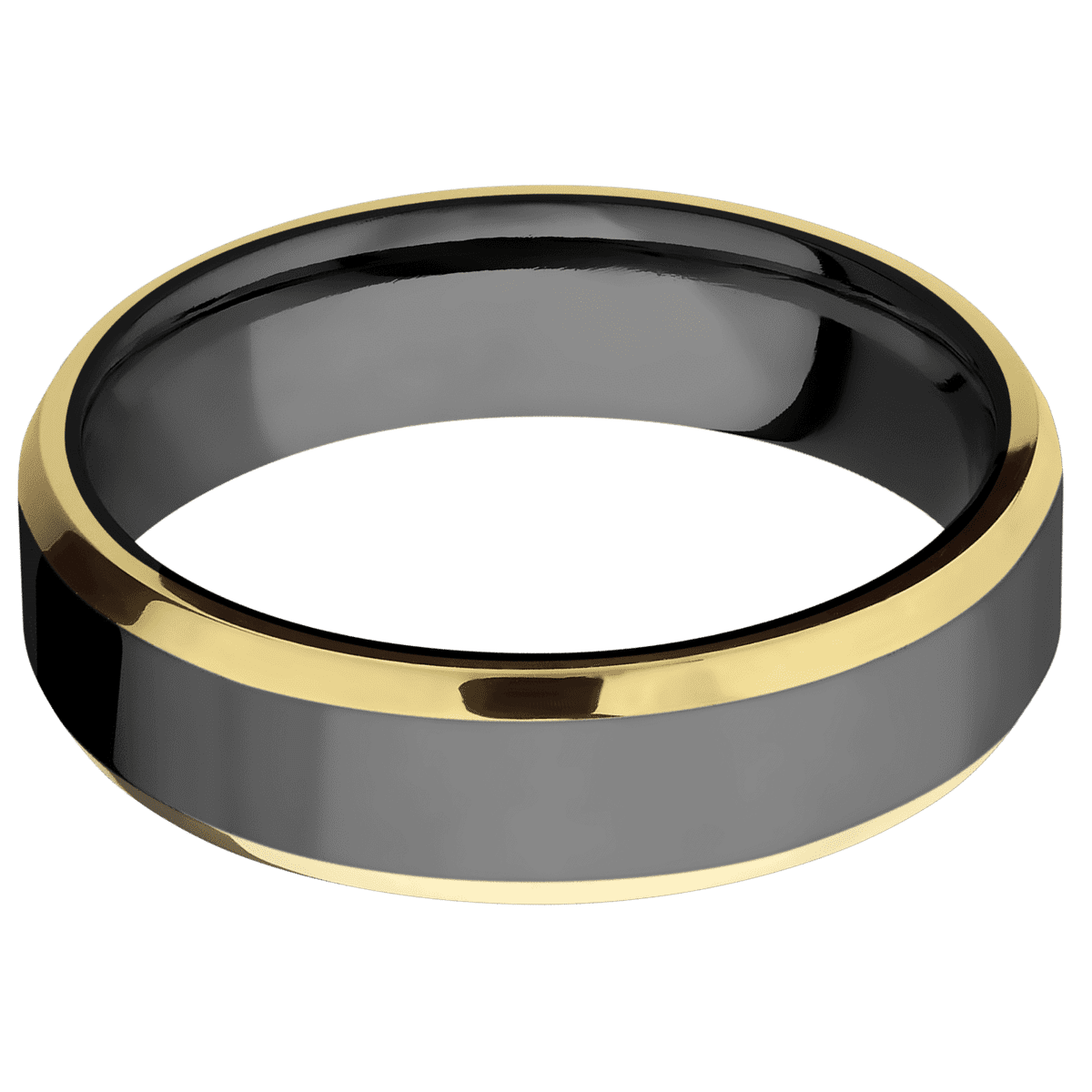Zirconium + Polish Polish Finish - 6 mm wide/Beveled/Zirconium band with two 1 mm Edge inlays of 14K Yellow Gold.