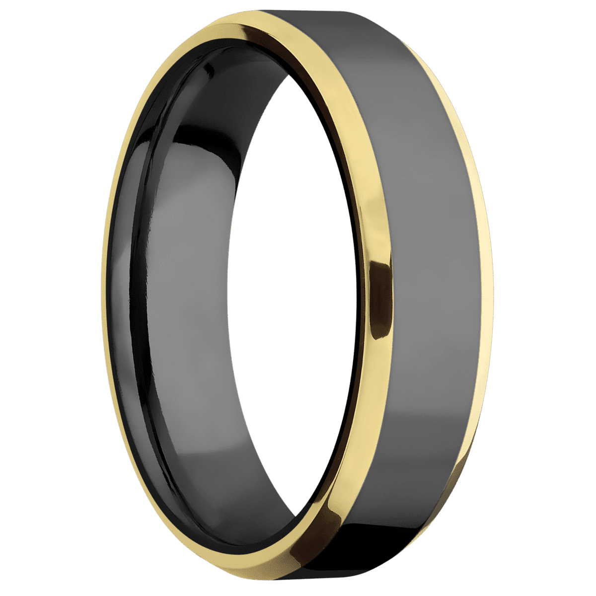 Zirconium + Polish Polish Finish - 6 mm wide/Beveled/Zirconium band with two 1 mm Edge inlays of 14K Yellow Gold.