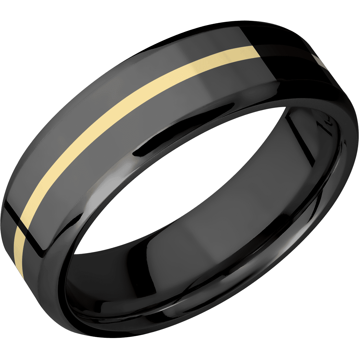 Zirconium + Polish Polish Finish - 7 mm wide/Beveled/Zirconium band with one 1 mm Centered inlay of 14K Yellow Gold.