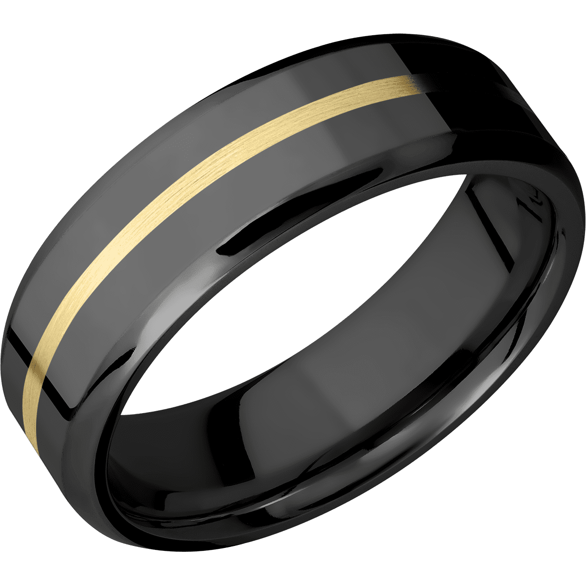 Zirconium + Polish Polish Finish - 7 mm wide/Beveled/Zirconium band with one 1 mm Centered inlay of 14K Yellow Gold.
