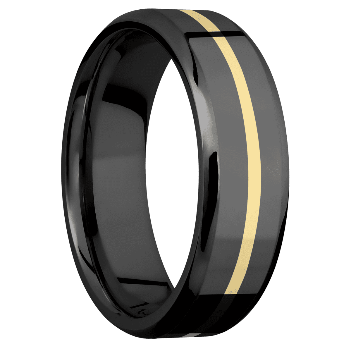 Zirconium + Polish Polish Finish - 7 mm wide/Beveled/Zirconium band with one 1 mm Centered inlay of 14K Yellow Gold.