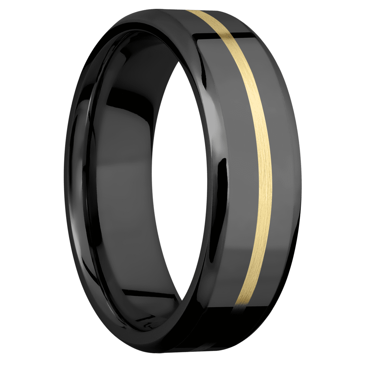 Zirconium + Polish Polish Finish - 7 mm wide/Beveled/Zirconium band with one 1 mm Centered inlay of 14K Yellow Gold.