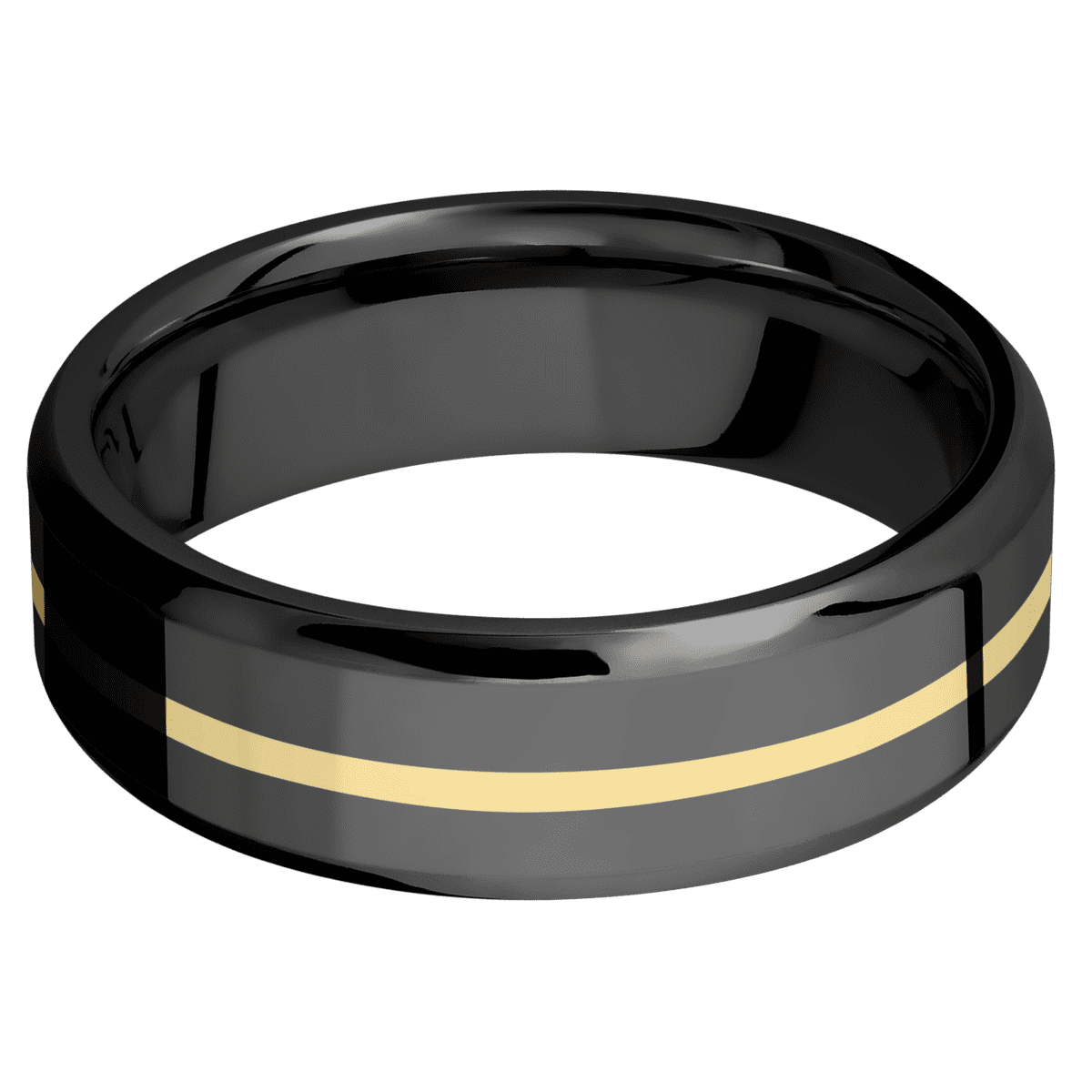 Zirconium + Polish Polish Finish - 7 mm wide/Beveled/Zirconium band with one 1 mm Centered inlay of 14K Yellow Gold.