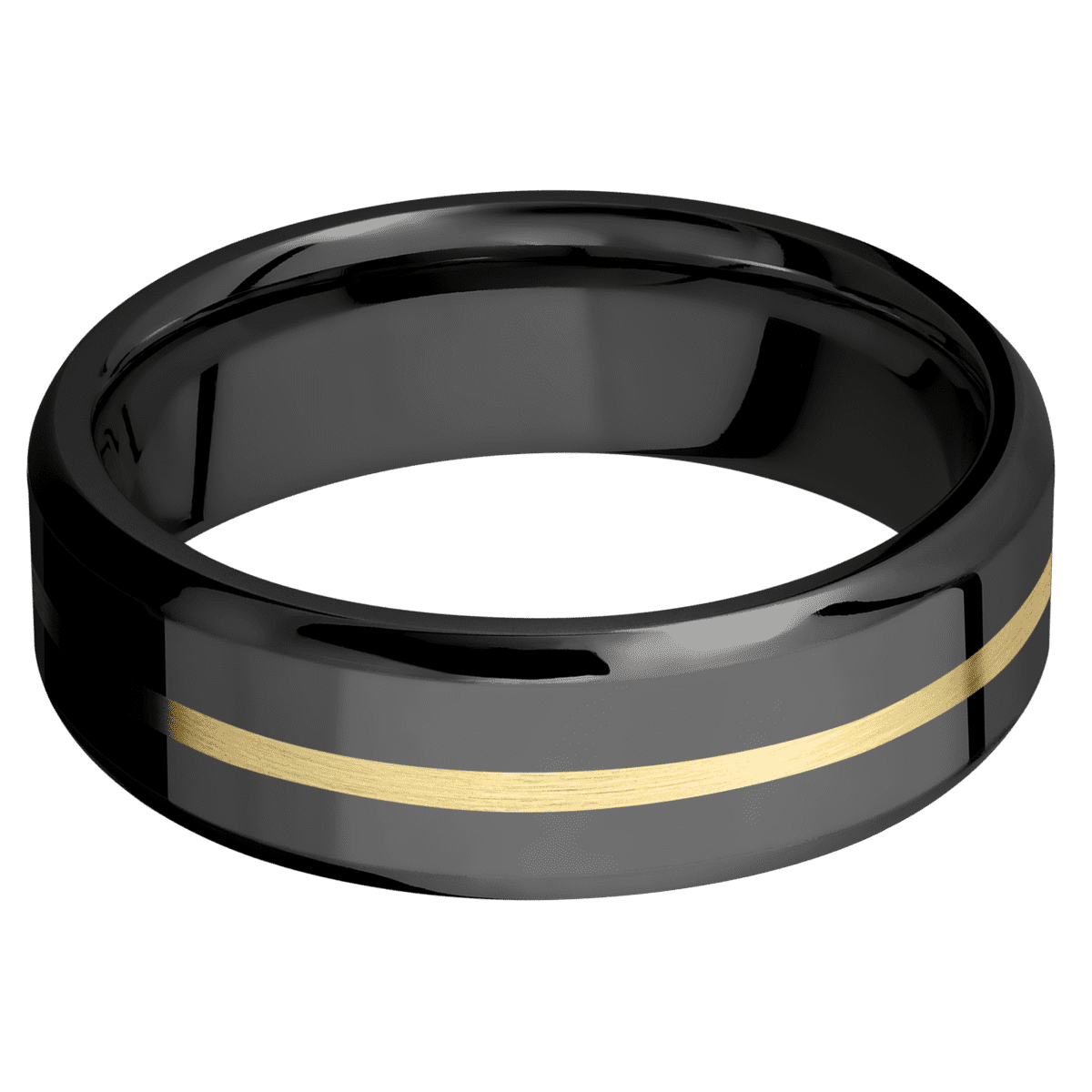 Zirconium + Polish Polish Finish - 7 mm wide/Beveled/Zirconium band with one 1 mm Centered inlay of 14K Yellow Gold.