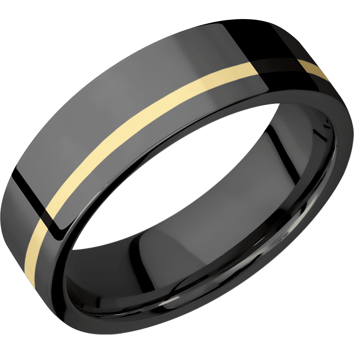 Zirconium + Polish Polish Finish - 7 mm wide/Flat/Zirconium band with one 1 mm Off Center inlay of 14K Yellow Gold.