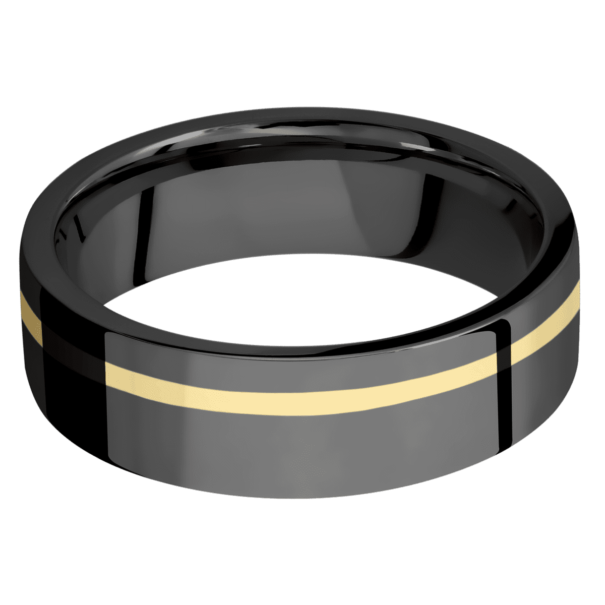 Zirconium + Polish Polish Finish - 7 mm wide/Flat/Zirconium band with one 1 mm Off Center inlay of 14K Yellow Gold.