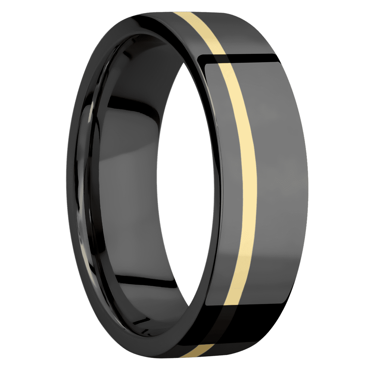 Zirconium + Polish Polish Finish - 7 mm wide/Flat/Zirconium band with one 1 mm Off Center inlay of 14K Yellow Gold.