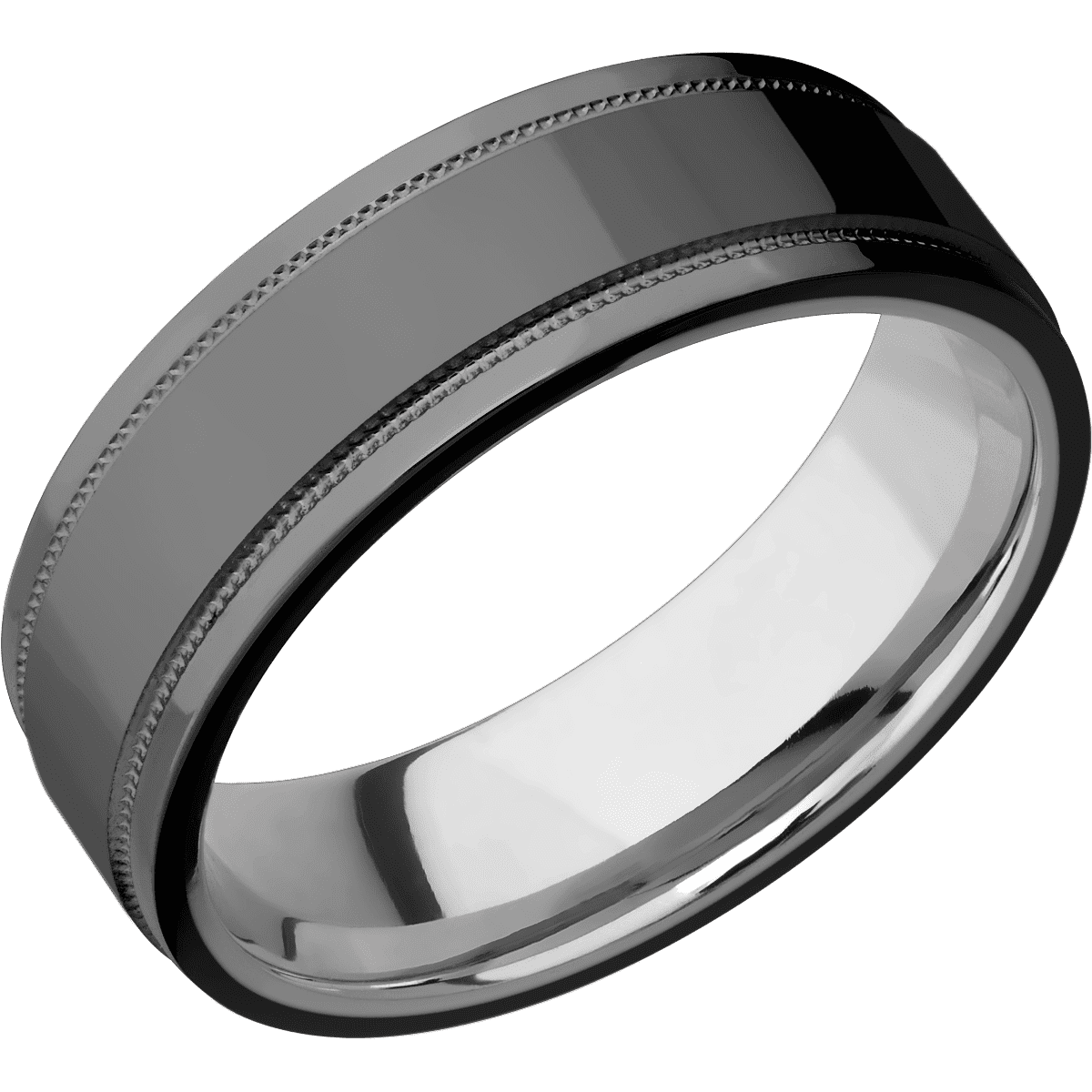 Zirconium + Polish Polish Finish + Titanium - 7 mm wide Flat Stepped Edges Milgrain Zirconium band featuring a Titanium
