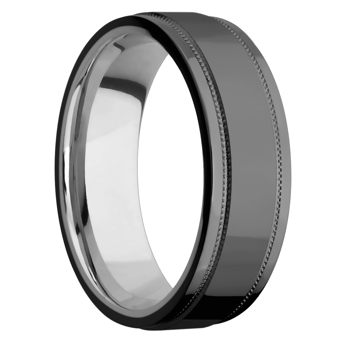 Zirconium + Polish Polish Finish + Titanium - 7 mm wide Flat Stepped Edges Milgrain Zirconium band featuring a Titanium