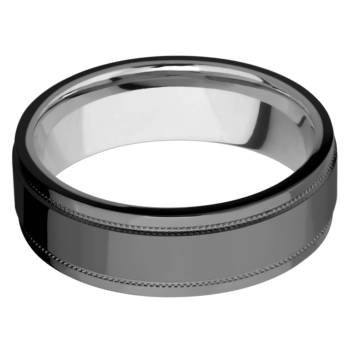 Zirconium + Polish Polish Finish + Titanium - 7 mm wide Flat Stepped Edges Milgrain Zirconium band featuring a Titanium