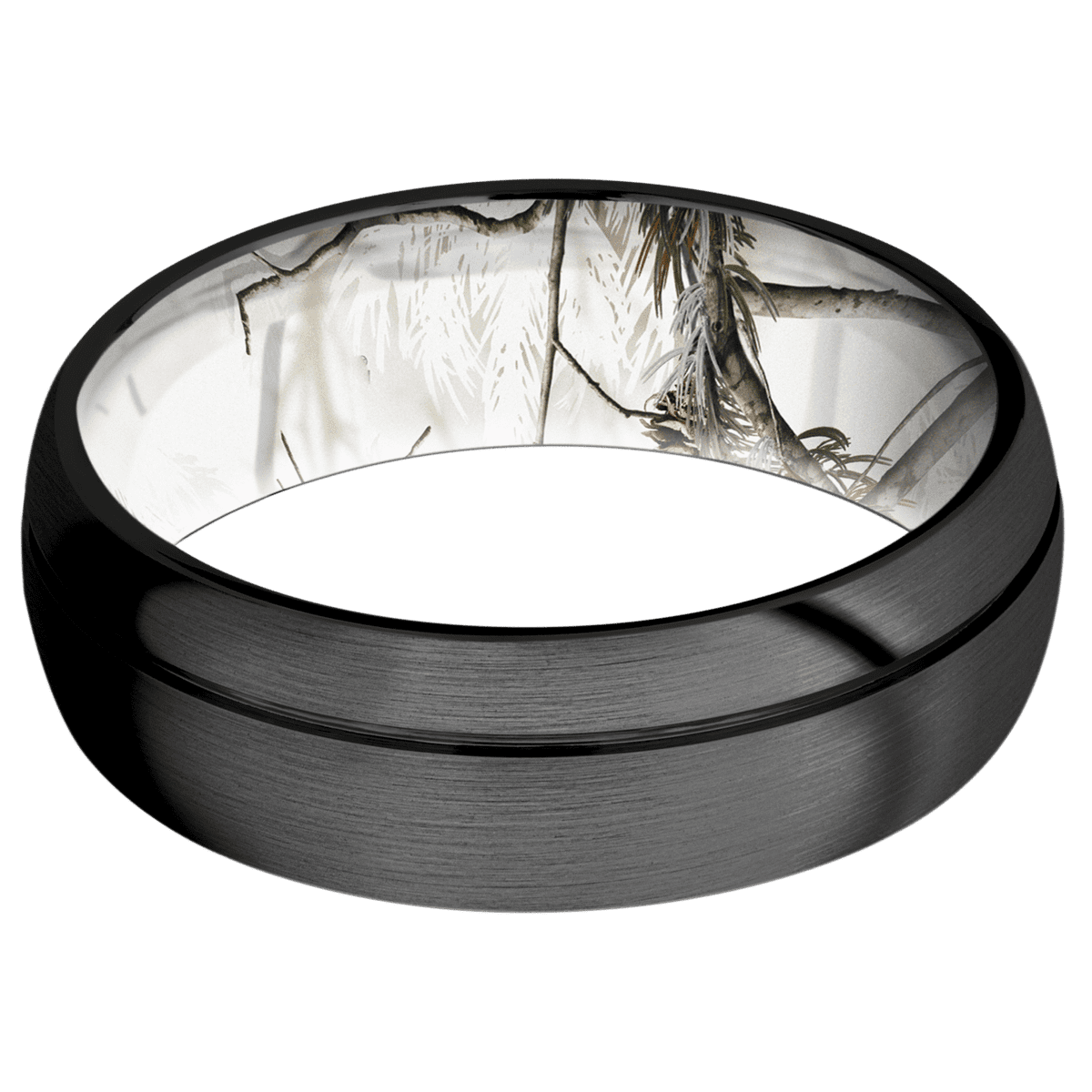 Zirconium + Satin Satin Finish + RealTree APC Snow - 7 mm wide Domed with Off Center Accent Groove Zirconium band