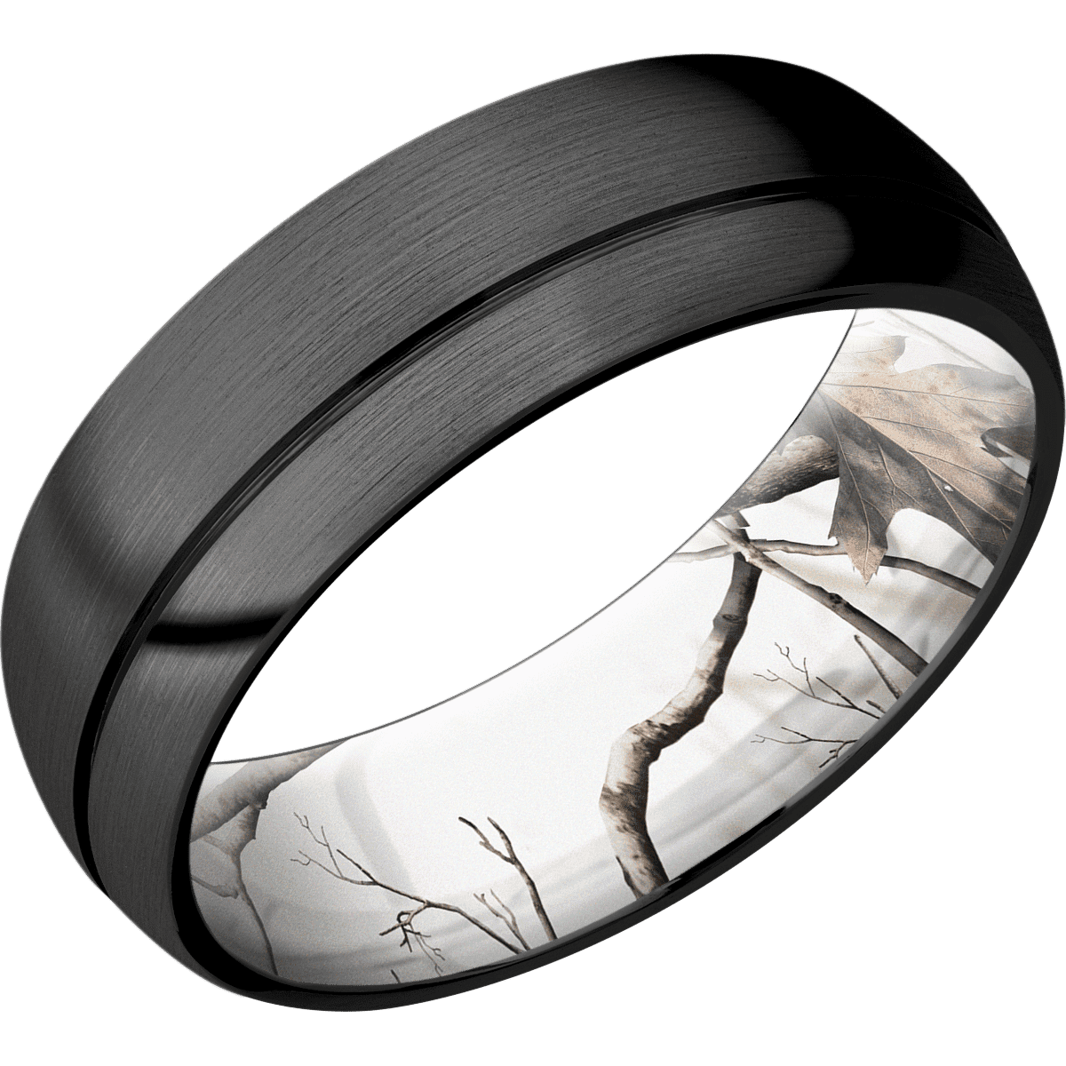 Zirconium + Satin Satin Finish + RealTree APC Snow - 7 mm wide Domed with Off Center Accent Groove Zirconium band