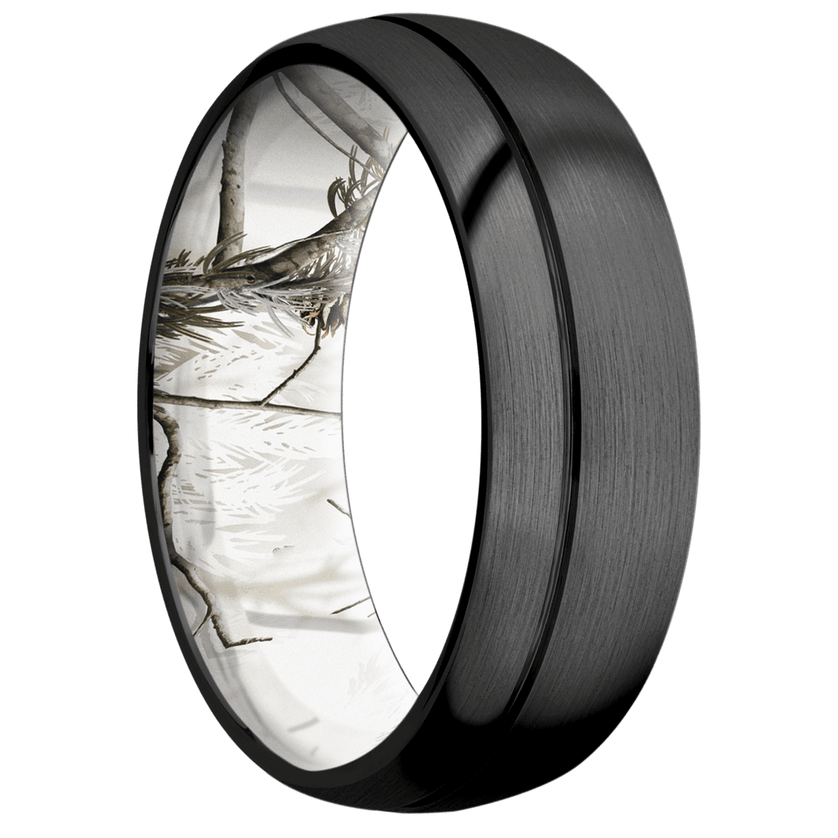 Zirconium + Satin Satin Finish + RealTree APC Snow - 7 mm wide Domed with Off Center Accent Groove Zirconium band