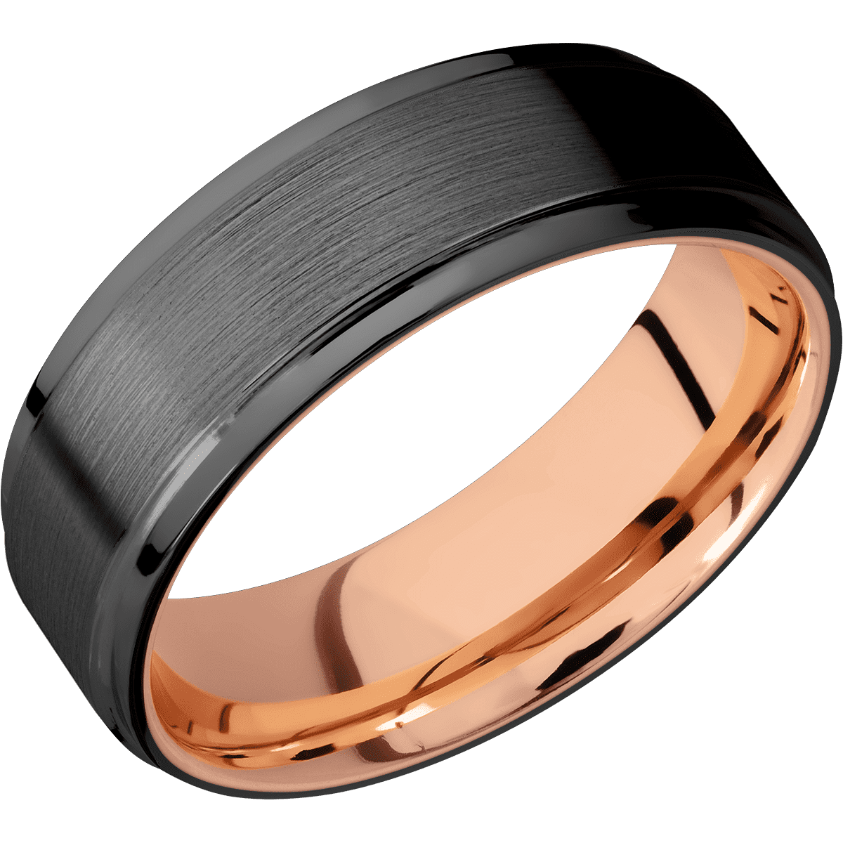Zirconium + Satin Polish Finish + 14K Rose Gold - 7 mm wide Flat Grooved Edges Zirconium band featuring a 14K Rose Gold